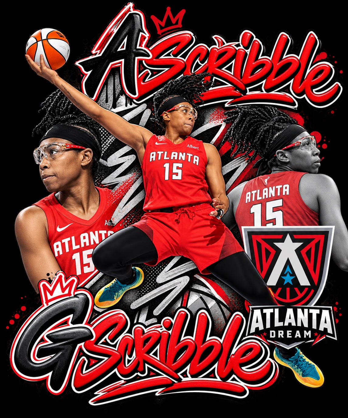 Atlanta Dream basketball graphic apparel featuring a player in a red jersey with artistic scribbled text and logos.